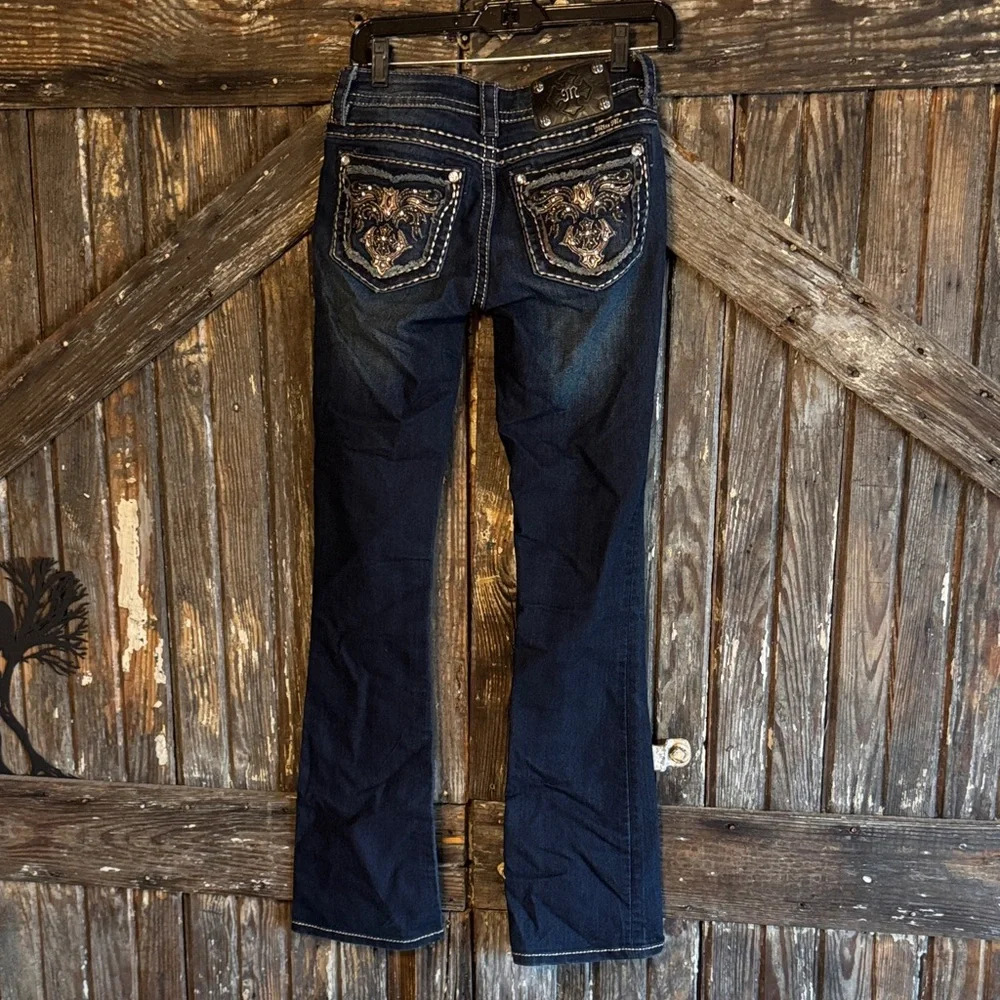 Miss Me Dark Blue Embroidered Bootcut Jeans with Gold Accents - Picture 2 of 12